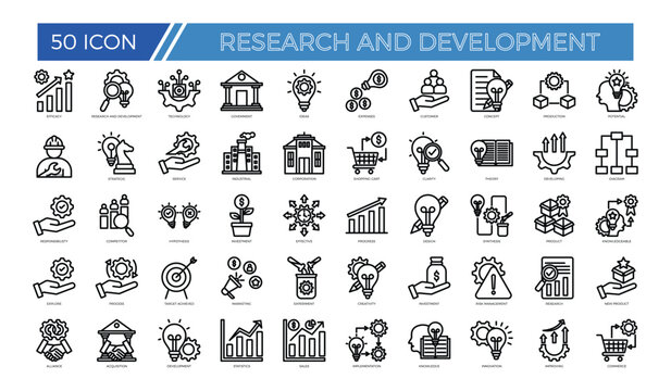 Research and Development Outline Icons Set for Science Innovation Technology Laboratory Experiment and Business R&D