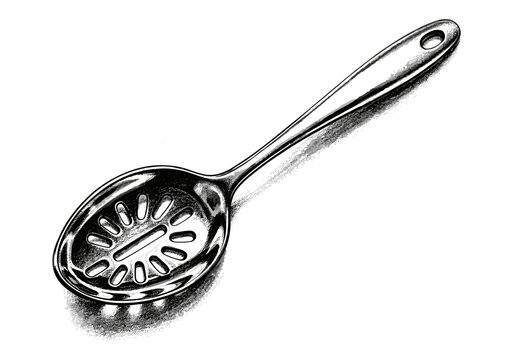 Detailed illustration of a slotted serving spoon with a hole in the handle on a white background