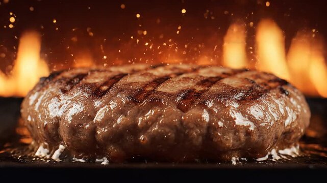 Juicy beef burger patty, sizzling on grill with flames and sparks, dynamic cooking process, symbolizing summer food and barbecue
