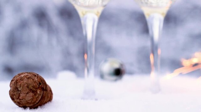 Champagne cork on the background of two glasses, in winter. Video
