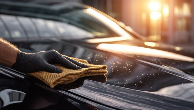 Gloved hand with microfiber cloth polishing dark car surface in warm sunlight