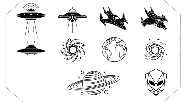 various space and alien themed icons including ufo planets and galaxies perfect for science fiction design elements
