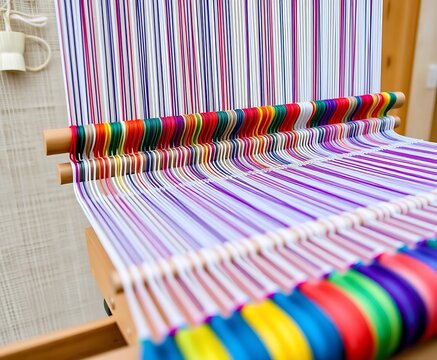 Close up view of traditional Malay weaving loom with colorful threads in a workshop setting ready for weaving