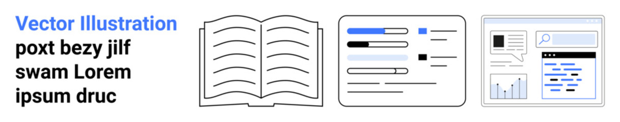 Education, digital tools, online learning, content management, information systems, analytics. Open book, interface with sliders and document with graphs. Education and digital tools concept © robu_s