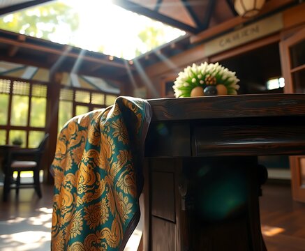 Ornate gilded batik fabric draped over polished teak in a sunlit room with natural decor and soft light