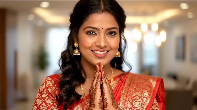 Smiling South Asian woman in traditional red saree performing namaste, exuding grace and warmth, celebrating culture and hospitality with a beautiful, welcoming expression