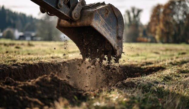 Excavator Bucket Digging into Earth Creating Trench Outdoors.
