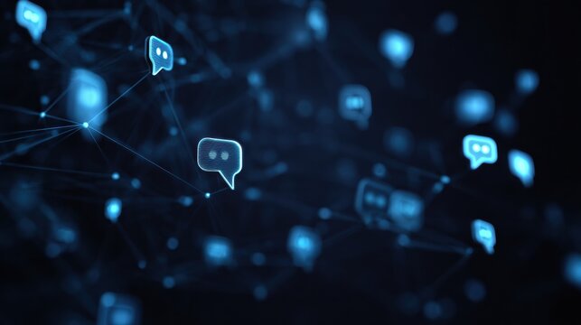 Glowing chat icons are linked in a network. This shows digital communication through technology and its connection in the digital world.