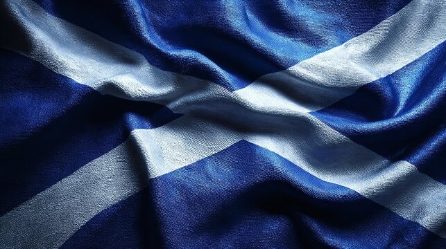 Scotland's national flag, the saltire or st andrew's cross, displaying blue and white colors with textured fabric ripples, representing scottish heritage and patriotism