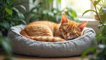 Obraz premium Orange tabby cat slepic soundly in soft grey bed, surrounded by green houseplants. Peaceful domestic pet rests indoors, feeling safe and content. Feline enjoys quiet nap on comfortable cushion.