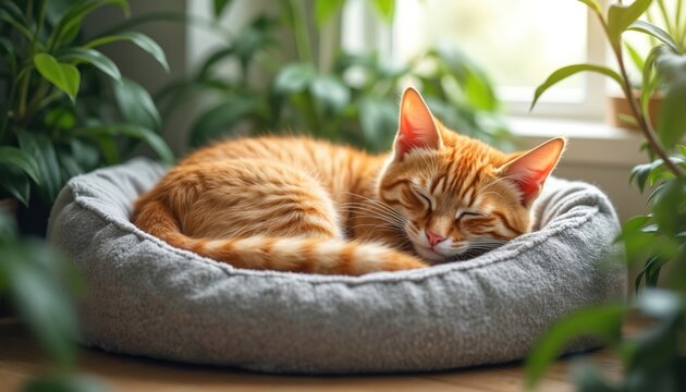 Orange tabby cat slepic soundly in soft grey bed, surrounded by green houseplants. Peaceful domestic pet rests indoors, feeling safe and content. Feline enjoys quiet nap on comfortable cushion.