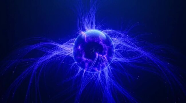 Electric blue plasma energy ball with glowing purple lightning bolts