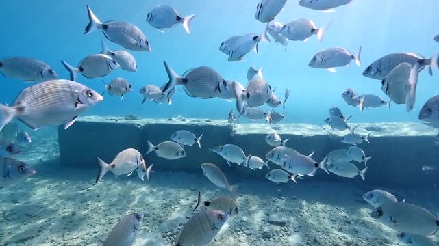 underwater fish scenery from mediterranean  sea breams ocean scenery underwater landscape seabreams  Diplodus sargus