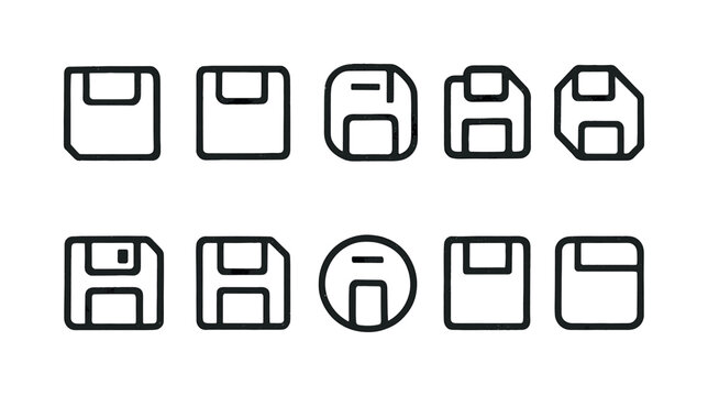 Collection of floppy disk icons in various styles and shapes for digital storage concepts
