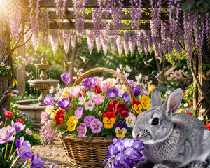 Fototapeta premium A cheerful bunny is encircled by a basket full of vibrant flowers in a vibrant garden scene. Hummingbirds add color by fluttering around.