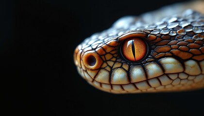 Fototapeta premium Close-up of a snake face with intense orange eyes and detailed scales. Reptile shows its characteristic features against a dark background. Focus is on the predatory stare and textured skin.