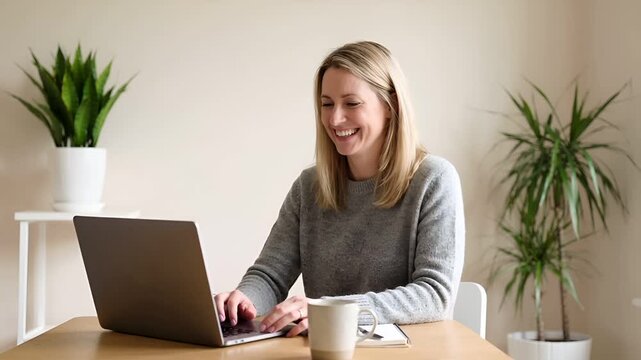 自宅でオンライン会議に参加する30代〜50代女性の超写実的リモートワーク動画です