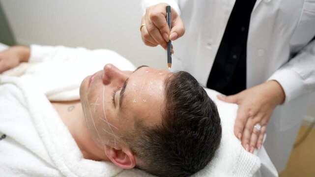 Female surgeon or beautician preparing a male patient for a plastic surgery or aesthetic treatment, drawing correction lines on his face with a pencil in a modern clinic or beauty salon