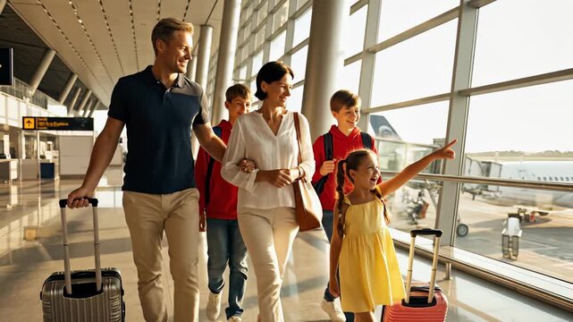 Family walks together through airport terminal carrying luggage. Bright setting with large windows showing airplanes outside. Concept of family travel, vacation planning, leisure activities