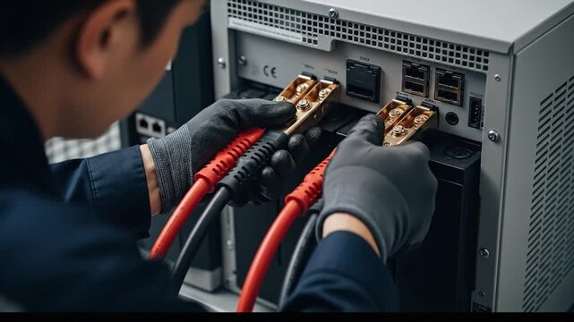 Technician connecting jumper cables to server equipment for power.