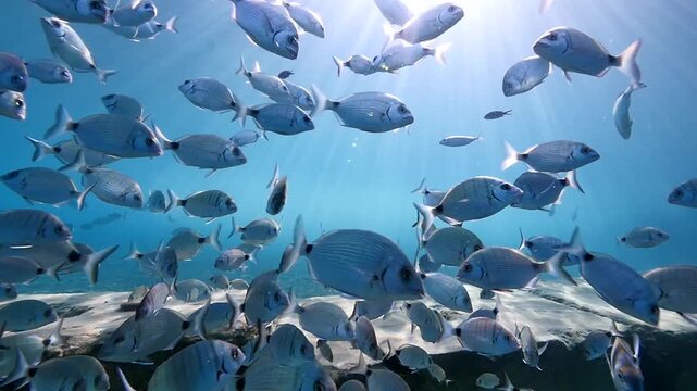 underwater fish scenery from mediterranean  sea breams ocean scenery underwater landscape seabreams  Diplodus sargus