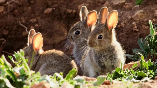 young little rabbits near their hole, close 858