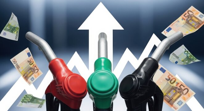 Gas pumps at a gas station with euro banknotes. Rising prices. Concept of rising gasoline and diesel prices due to the war in the Middle East. 
