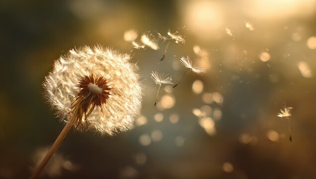 Close-up of a dandelion seed head dispersing seeds in the wind with golden bokeh background.