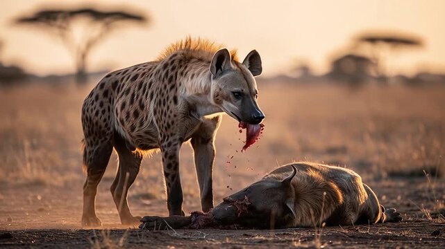 Hyena feeding on a carcass in the African savanna at sunset.