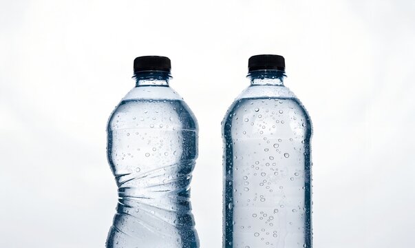 Two one liter plastic water bottles clearly labeled 1L with black screw caps one bottle showing slight side wall deformation other bottle perfectly smooth pure white background