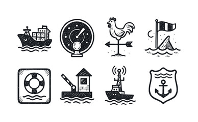 Fototapeta premium Nautical and maritime icons collection with a hand-drawn sketchy style