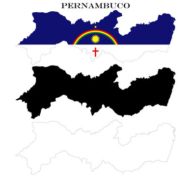 State of Pernambuco Map Bundle with Flag, Black Silhouette and Detailed Outline Contours