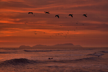 Fototapeta premium A vibrant summer sunset over the Pacific Ocean along Lima’s Costa Verde, with the silhouette of San Lorenzo Island on the horizon. Warm golden light reflects across the waves, capturing the relaxed 