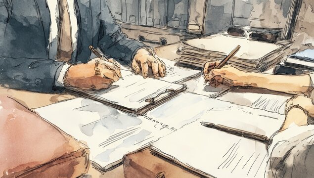 Two people at a table sign documents, hands focused on papers