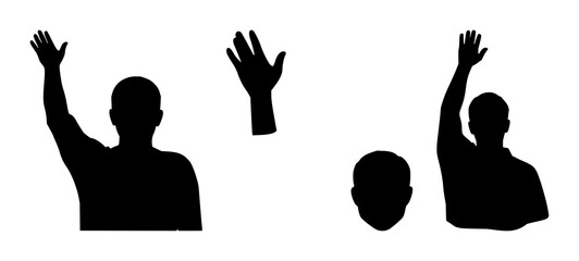 Fototapeta premium Person set with minimalist black silhouette icon featuring raised arm, greeting gesture, line art with flat design and high contrast