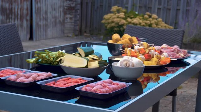 On the table are plates of meat, such as cold cuts and chicken, as well as chopped vegetables for preparing the meal: barbecue