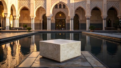 Obraz premium A solitary marble plinth stands elegantly centered within a serene reflective pool surrounded by beautiful Islamic architecture.