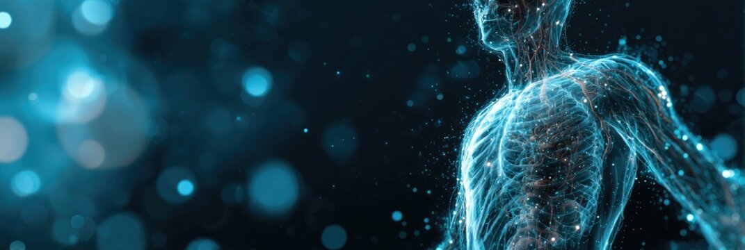 Abstract representation of a human body formed from glowing particles and light