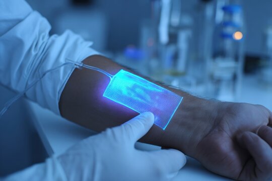 A hand applies a bio-sensor patch to a forearm, which glows blue as it monitors glucose levels in a laboratory setting.