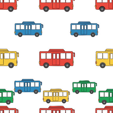 A colorful, repeating pattern of cartoon buses in various colors