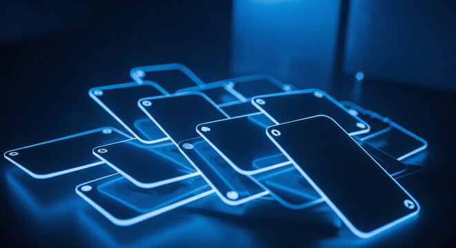 A glowing blue pile of smartphones on a dark surface in a room.