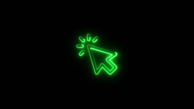 Green neon glowing computer mouse cursor with click effect on dark Generate title without using the word "Title:" before it. background