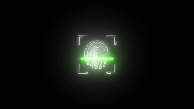 Green neon glowing fingerprint with scanning laser on dark Generate title without using the word "Title:" before it. background