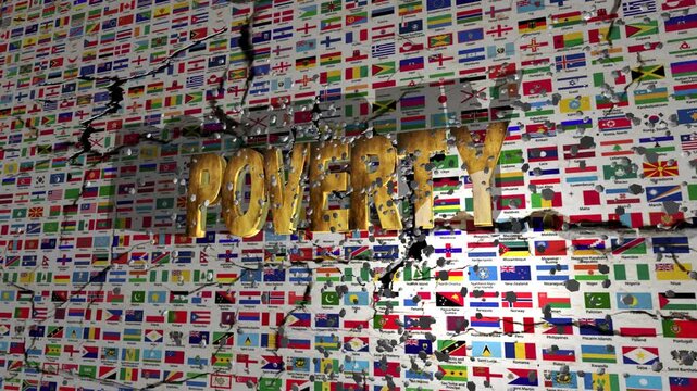 Poverty Text Cracks Through Wall Of World Flags  Global Poverty And Inequality Concept