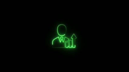 Fototapeta premium Green neon outline of a person in a tie with a bar graph and upward arrow on a dark Generate title without using the word 