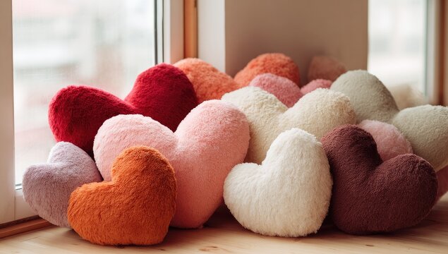A collection of fluffy, heart-shaped pillows in various pastel and warm colors