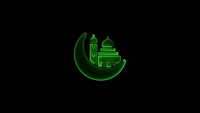 Green neon outline of a mosque with domes and minaret inside a crescent moon on dark Generate title without using the word "Title:" before it. background