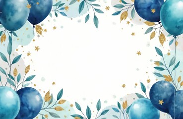 Naklejka premium Blue and teal balloons with gold leaves and glitter adorn a white background. Festive branches with teal foliage frame the empty space, ideal for party invitations or event announcements.