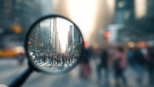 Magnifying glass views crowded city street with people crossing