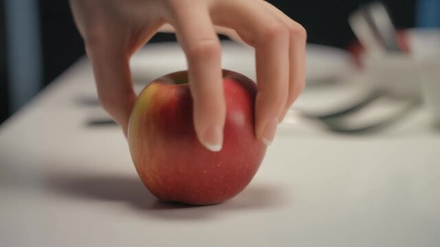Close-up of a hand picking up an apple from a table, clean composition
